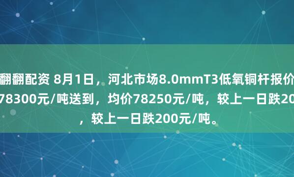 翻翻配资 8月1日，河北市场8.0mmT3低氧铜杆报价78200-78300元/吨送到，均价78250元/吨，较上一日跌200元/吨。